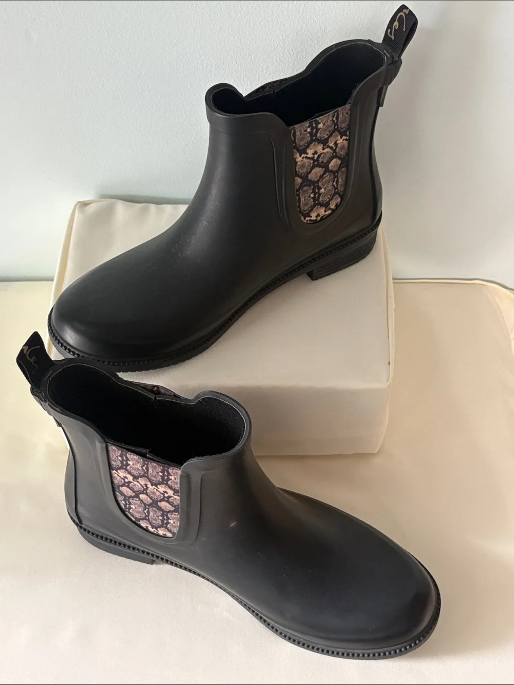 Joules Rutland Matte Black Chelsea Rain Boots with Snakeskin Patterned Inserts